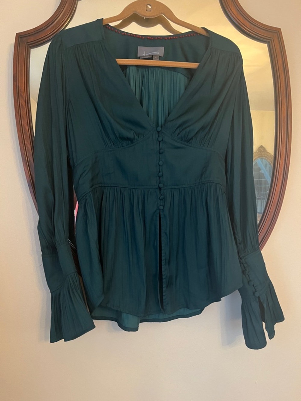 Womens Deep Teal Button-Front Peplum Blouse